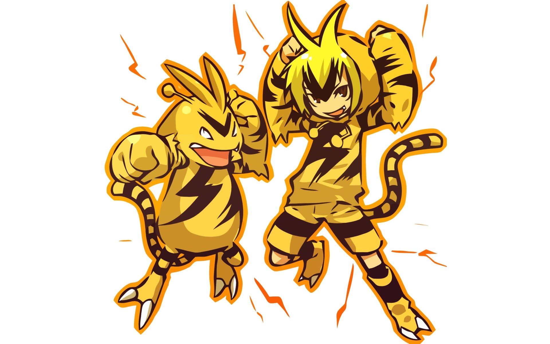 Anime 2K Quad HD PC desktop wallpaper of humanized Electabuzz and Electabuzz (Pokémon), both yellow and crackling with electricity, striking dynamic, energetic battle poses.