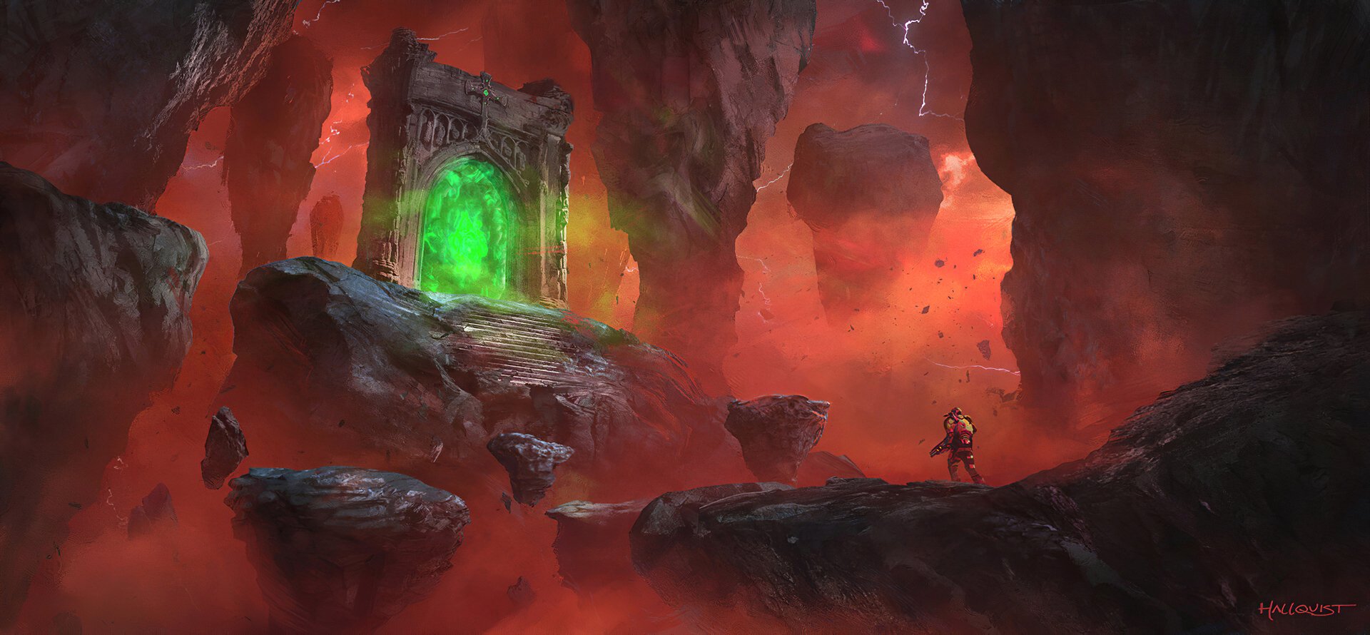 A fantasy warrior stands before a glowing green portal on a floating island engulfed in a fiery, otherworldly landscape, captured in HD for a PC desktop wallpaper.