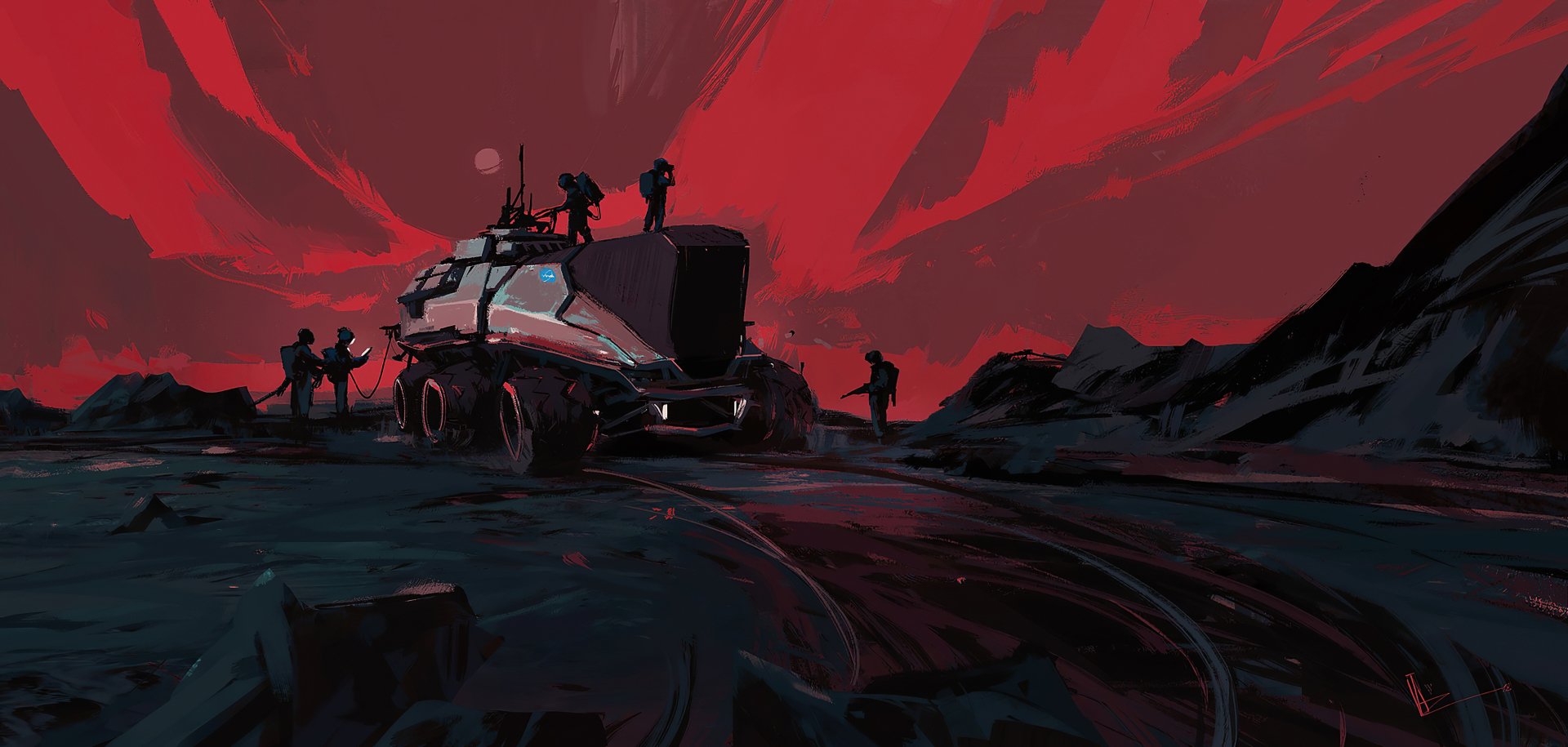 Futuristic Sci-Fi exploration vehicle and silhouetted crew on an alien plain under a crimson sky — HD PC desktop wallpaper and background.