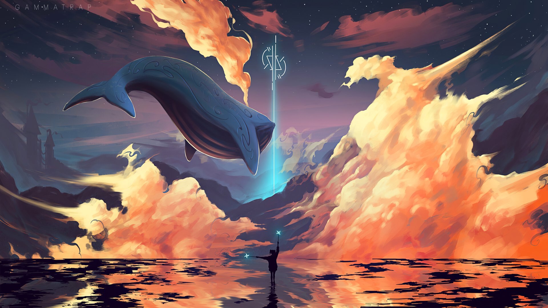 A surreal 4K Ultra HD fantasy wallpaper of a giant whale soaring through a vibrant sky filled with glowing clouds above a reflective water surface.