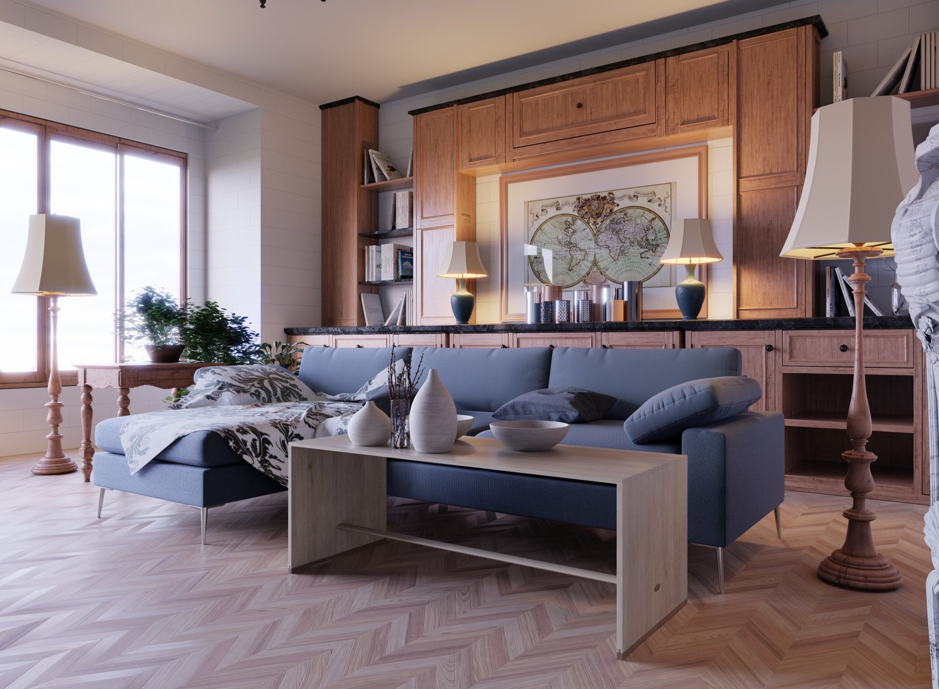 4K Ultra HD PC desktop wallpaper and background of a man-made living room: modern sofa, wooden coffee table, floor lamps and built-in shelving with decorative furniture and accessories.