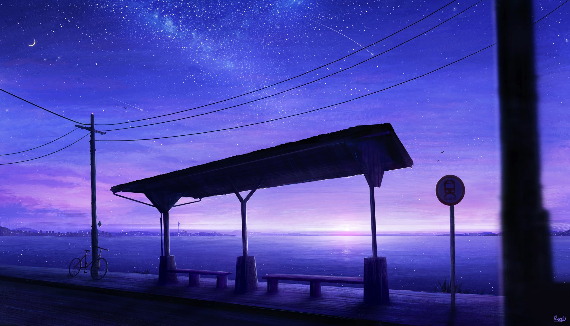 Anime-style 4K Ultra HD night scene of a quiet bus stop under a starry sky with a shooting star, enhanced by deep blues and purples for a serene atmosphere.