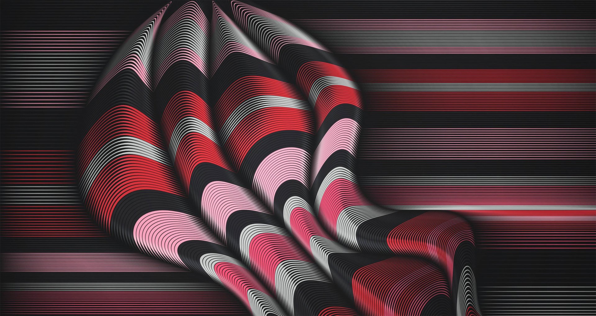 Abstract 3D design featuring flowing red, pink, and black lines and shapes, creating a dynamic HD desktop wallpaper with a modern, digital art aesthetic.