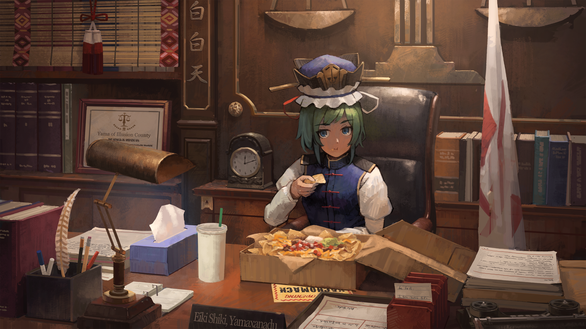 HD PC desktop wallpaper featuring Shikieiki Yamaxanadu from the Touhou anime, seated at a desk enjoying pizza in a richly detailed office setting.