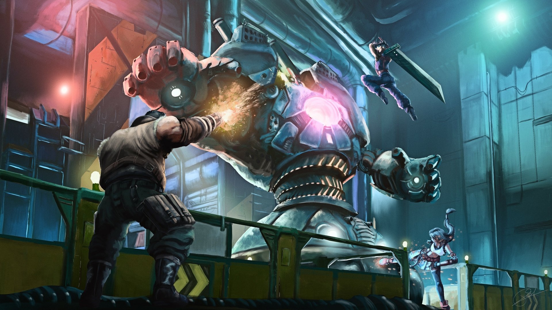 Cloud Strife, Tifa Lockhart, and Barret Wallace engage a massive mechanical enemy in a dynamic 4K Ultra HD Final Fantasy VII Remake PC desktop wallpaper.