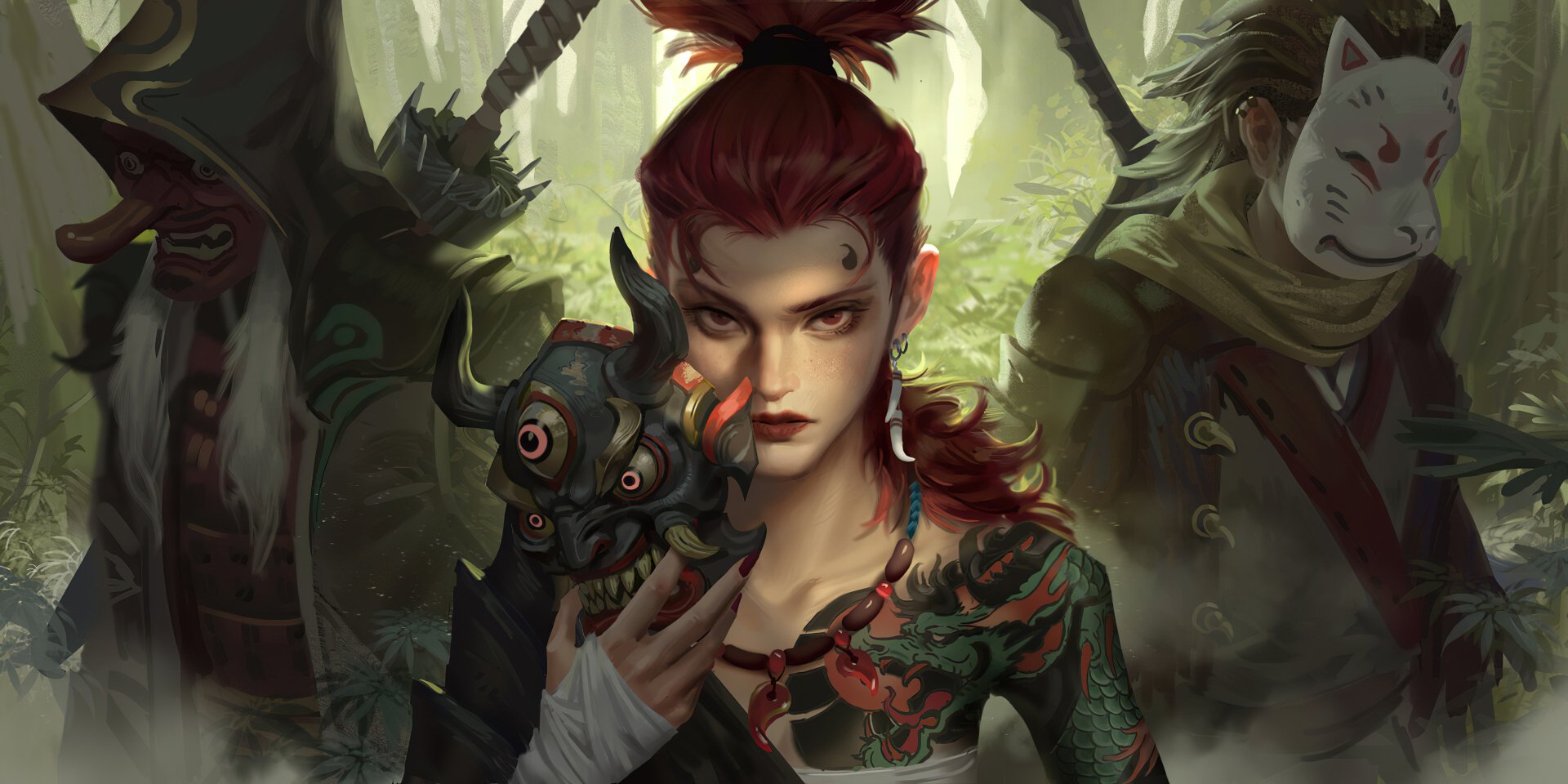 A fantasy HD wallpaper featuring a red-haired woman warrior with red eyes, intricate tattoos, and a dark mask, set against a forest backdrop with mysterious figures.