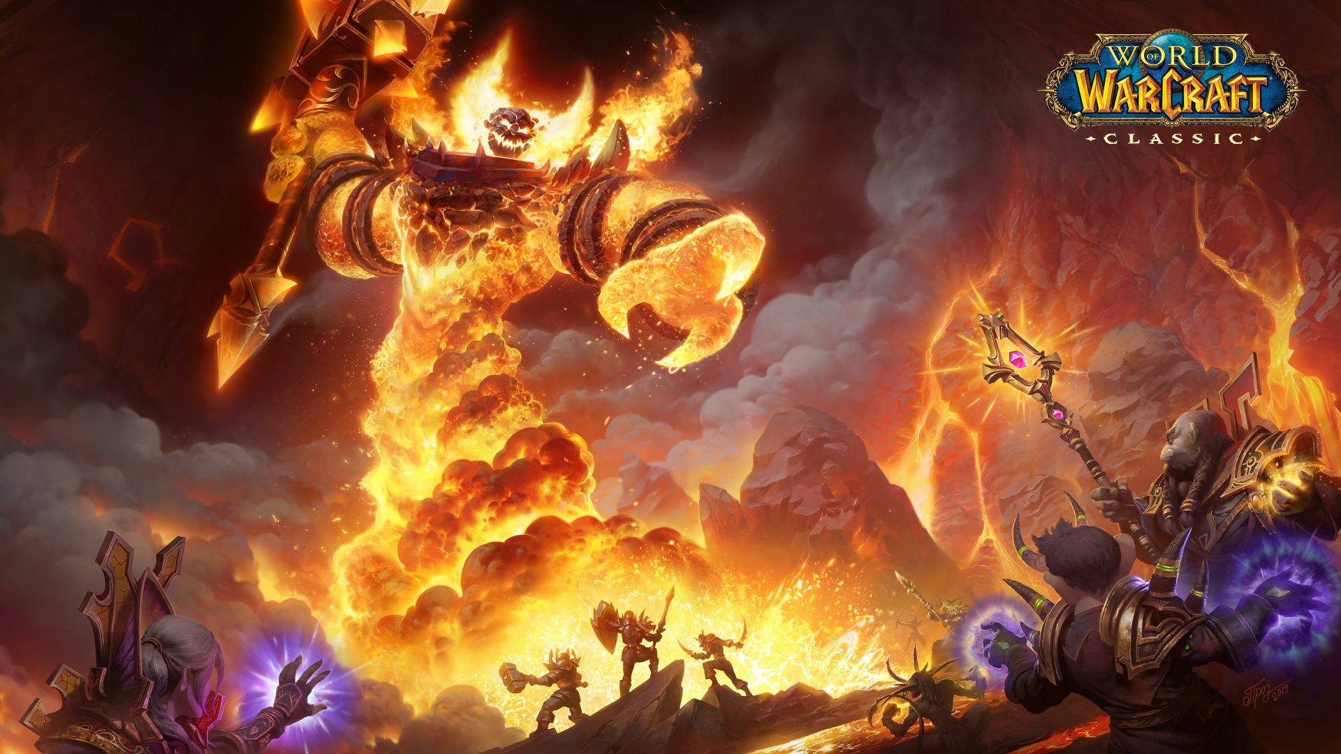4K Ultra HD PC desktop wallpaper for the video game World of Warcraft showing a towering fire elemental erupting from molten lava as heroes attack under a fiery sky; game logo in the corner.