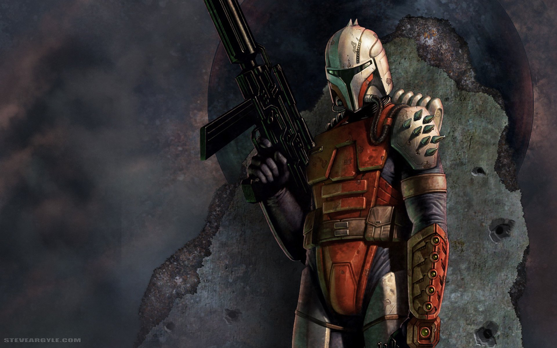 HD PC desktop wallpaper featuring a Star Wars sci-fi character in armored armor holding a large blaster against a dark, smoky background.
