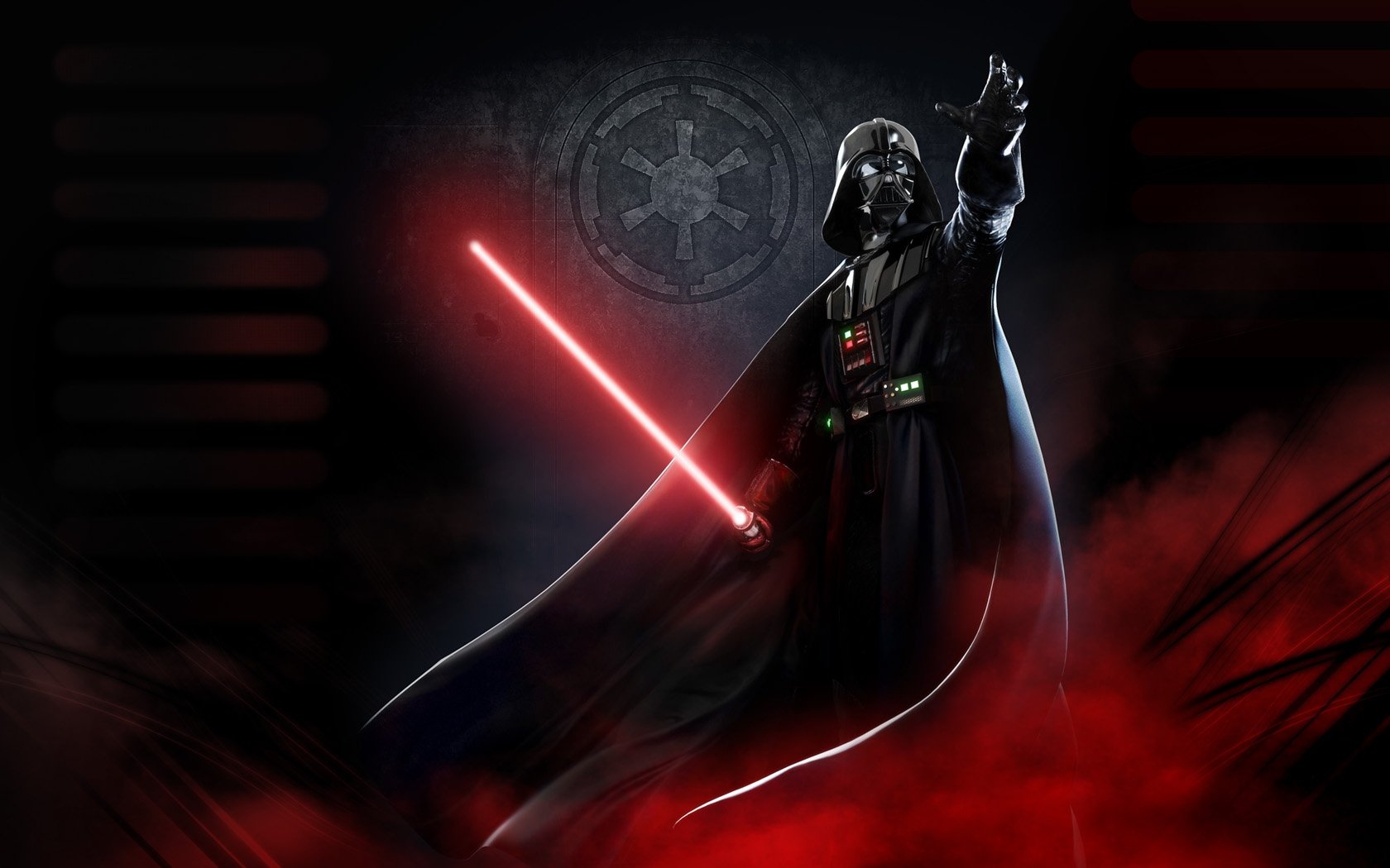 HD desktop wallpaper featuring Darth Vader from Star Wars, holding a red lightsaber against a dark, smoky background with the Galactic Empire insignia in the backdrop.
