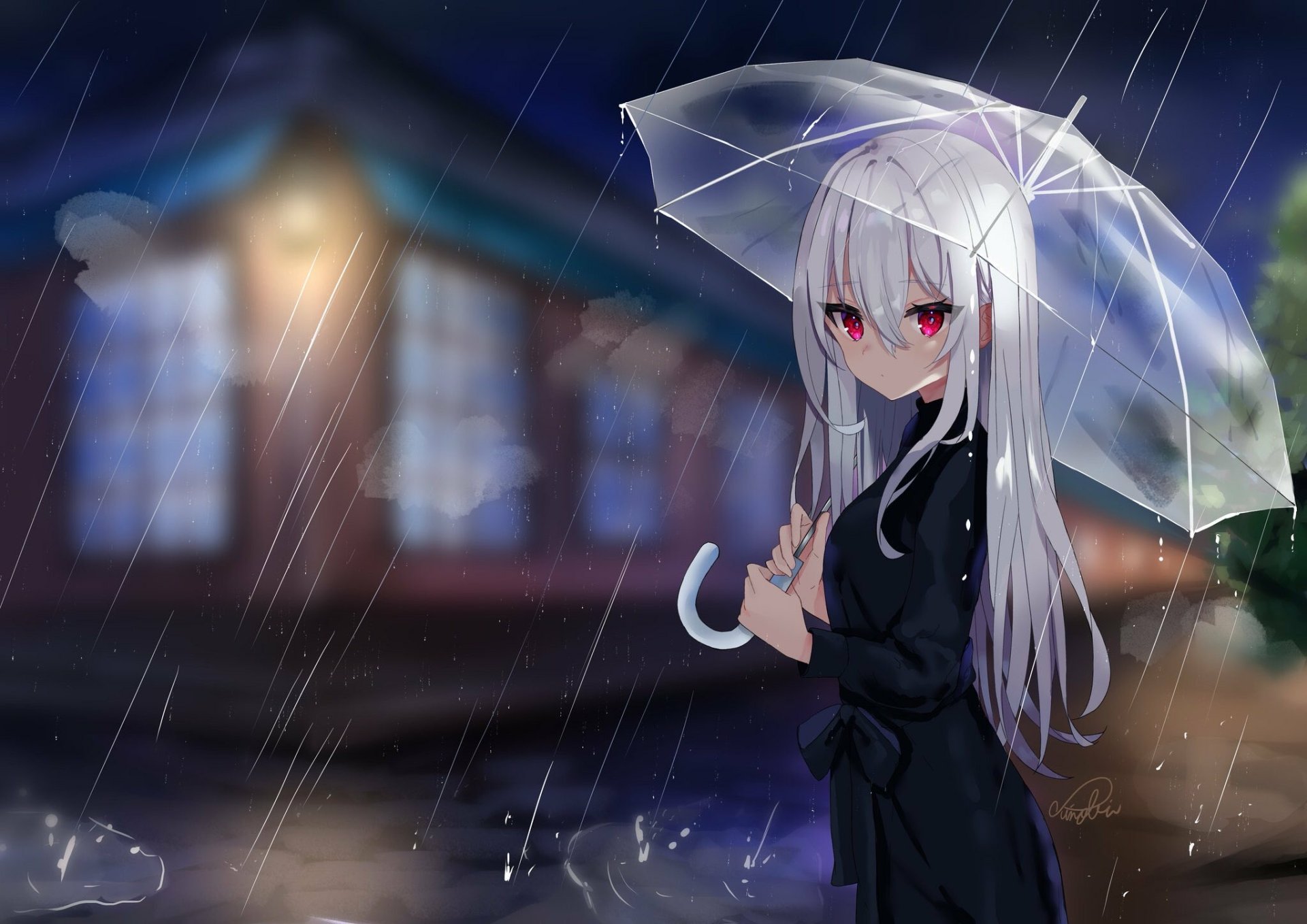 Anime-style HD desktop wallpaper of a white-haired character with red eyes holding a transparent umbrella in the rain, featuring long hair and a blurred nighttime background.