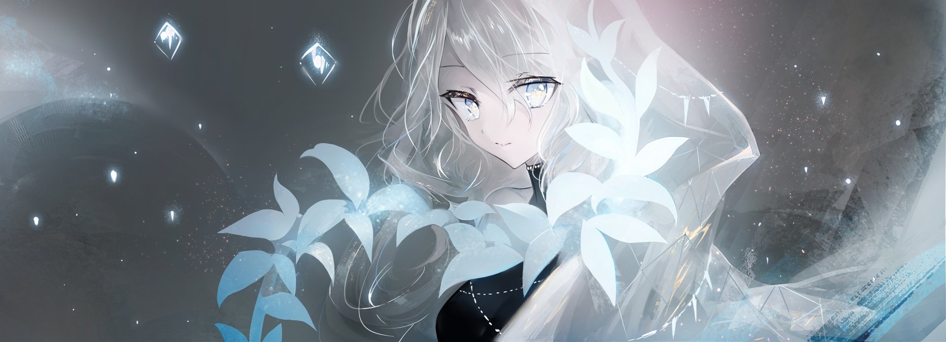 HD PC desktop wallpaper: original anime long-haired girl with silver hair and icy blue eyes, framed by translucent glowing leaves and soft light.