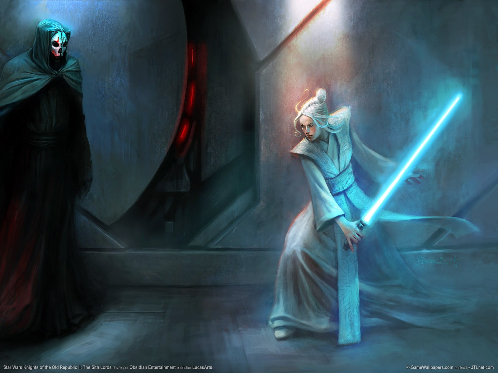 Sci-fi Star Wars HD PC wallpaper depicting a Jedi wielding a blue lightsaber facing a dark hooded figure in a dimly lit, futuristic setting.