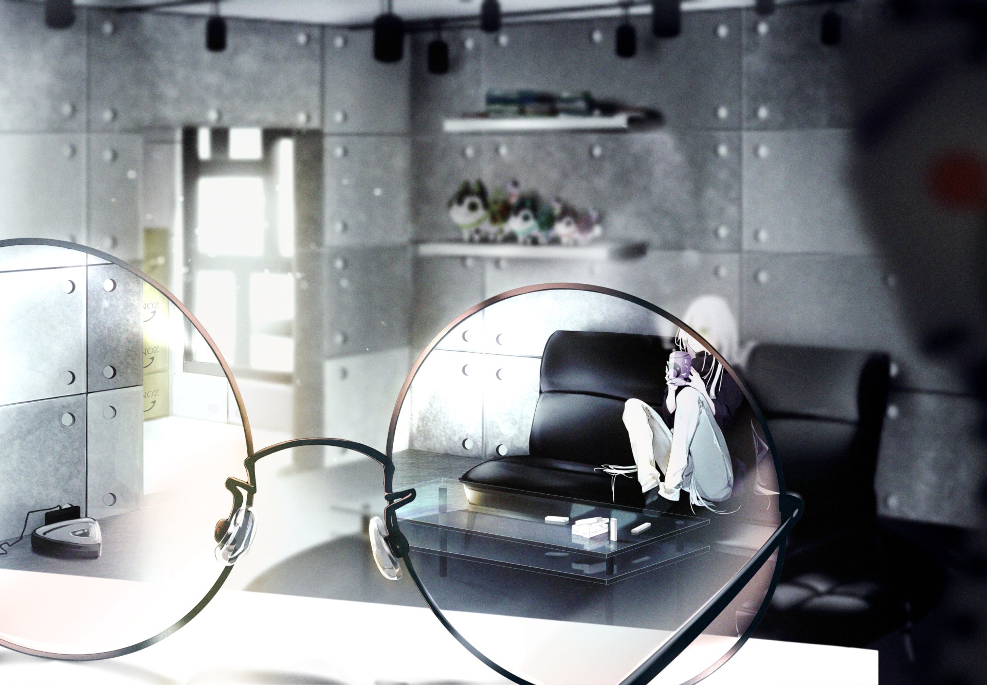HD PC desktop wallpaper and background: original anime scene with round glasses in the foreground framing a modern living room where a pensive anime character sits on a sofa.