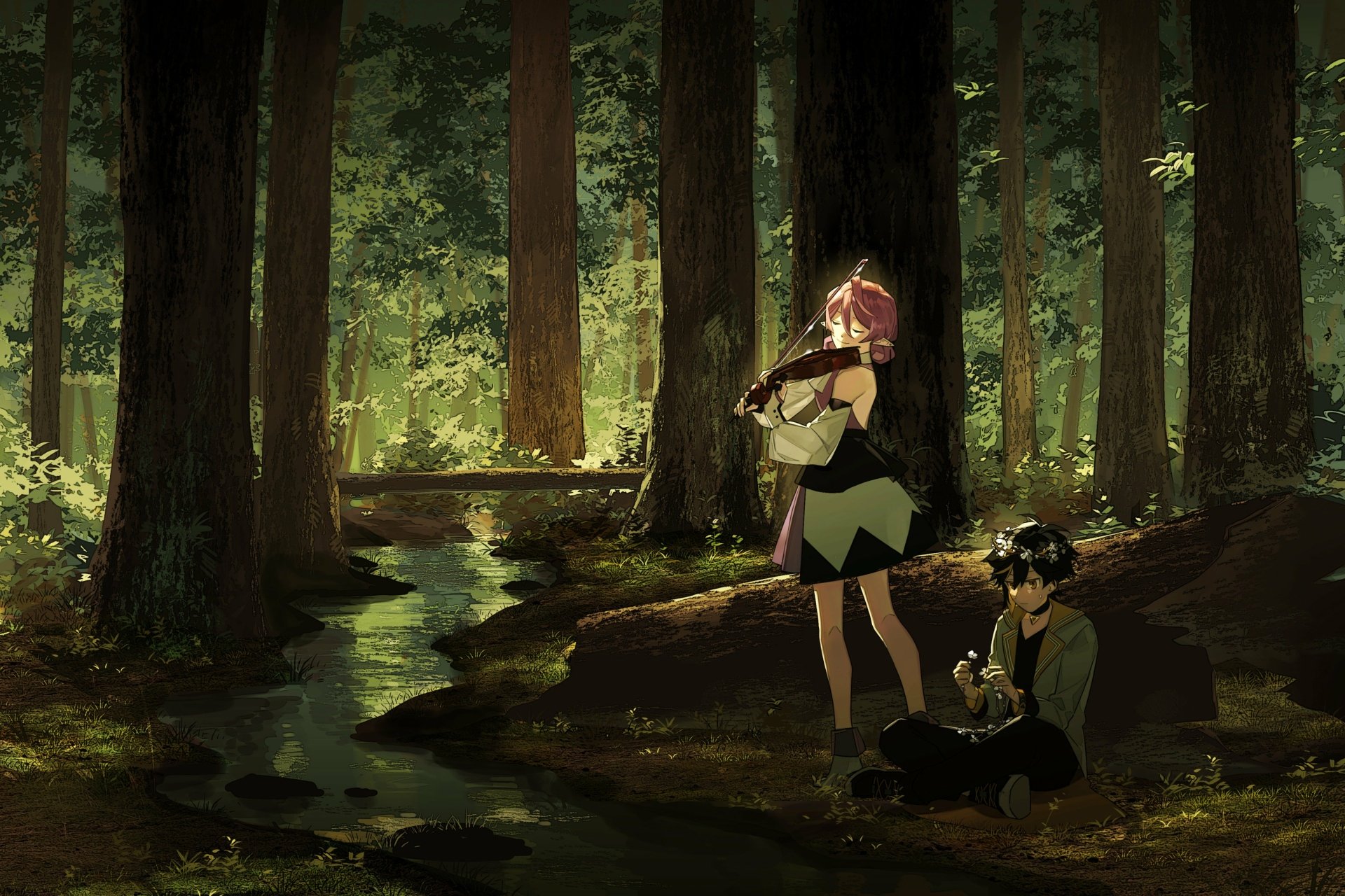 Anime-style 4K Ultra HD wallpaper featuring a girl playing violin and a seated boy in a serene forest setting with tall trees and dappled sunlight.