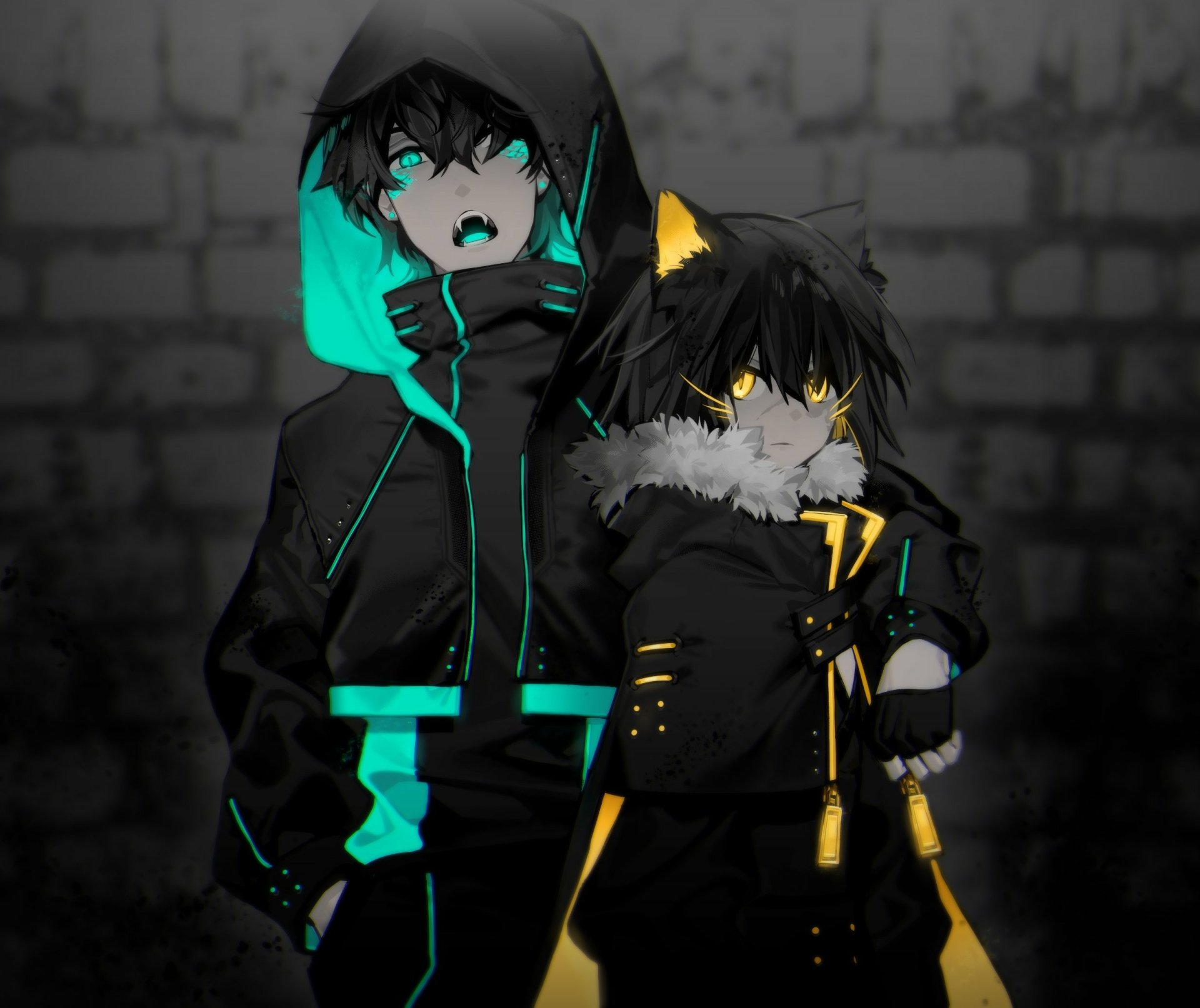 HD anime-style original wallpaper featuring two characters with glowing accents, one with teal highlights and the other with yellow, set against a dark urban background.