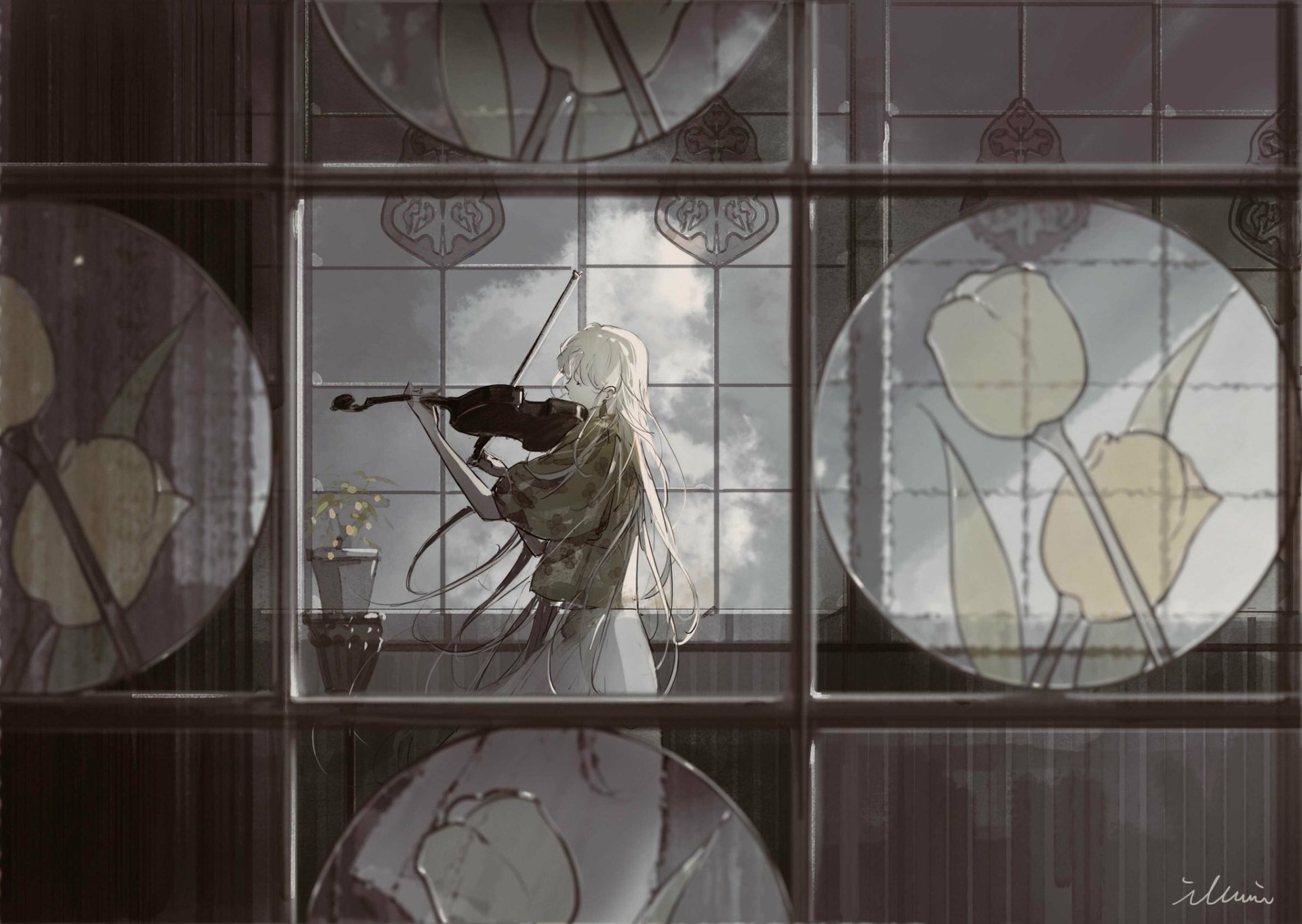 Anime violinist playing by a rain-streaked window with circular stained-glass panes; muted tones and soft light, musical solitude—HD PC desktop wallpaper/background.