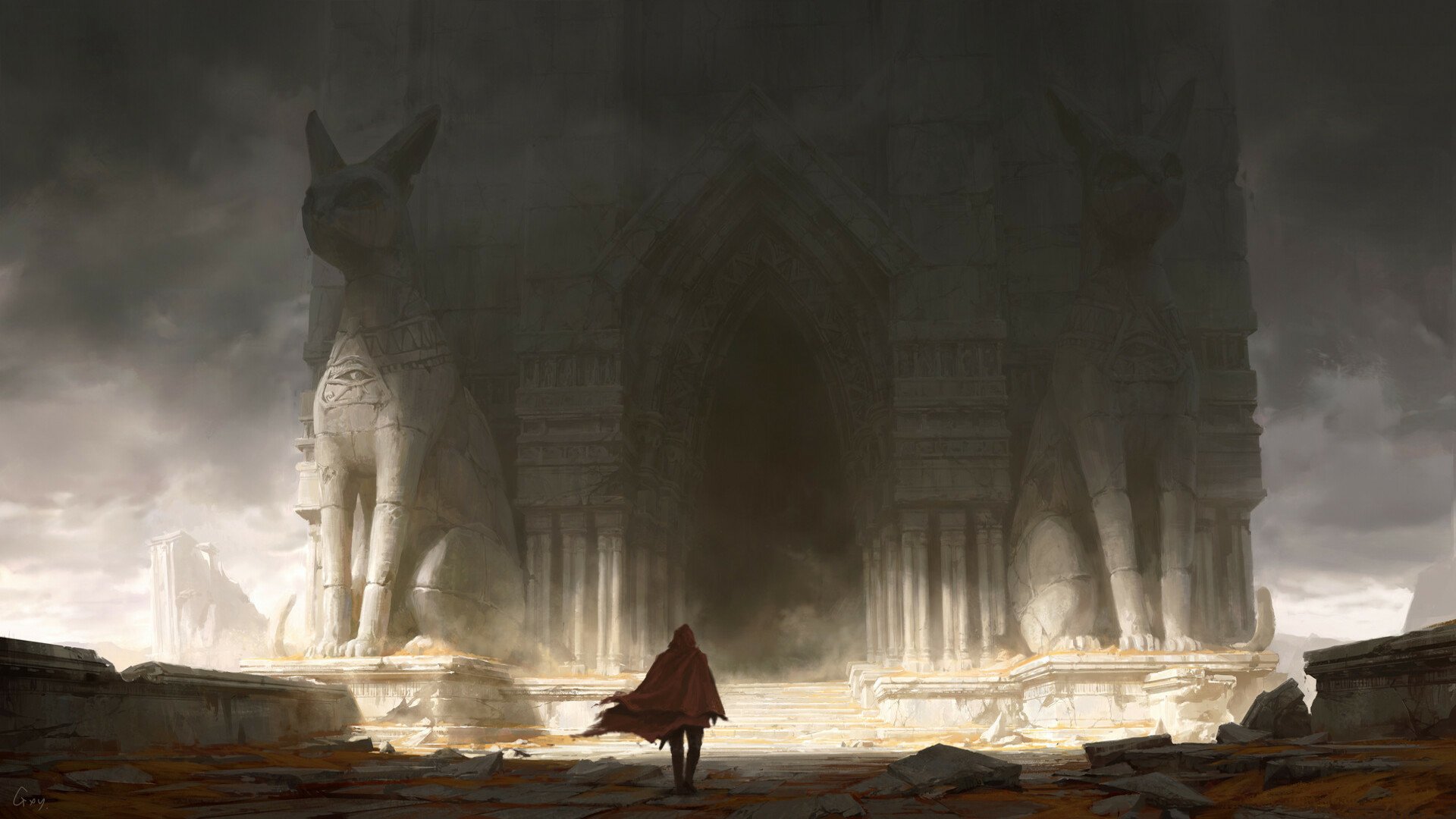 A lone figure stands before a colossal ancient ruin shrouded in mist, captured in a fantasy-themed HD PC desktop wallpaper.