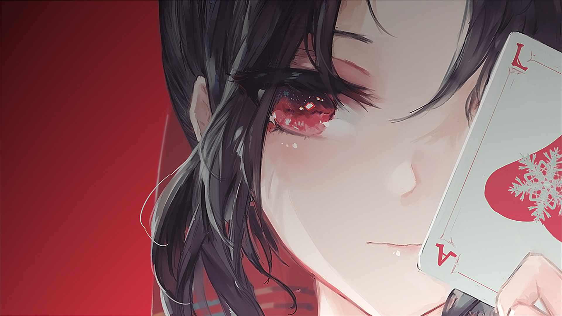 HD wallpaper featuring a close-up shot from Kaguya-sama: Love is War with a character holding a card, showcasing red eyes and short hair against a red backdrop.