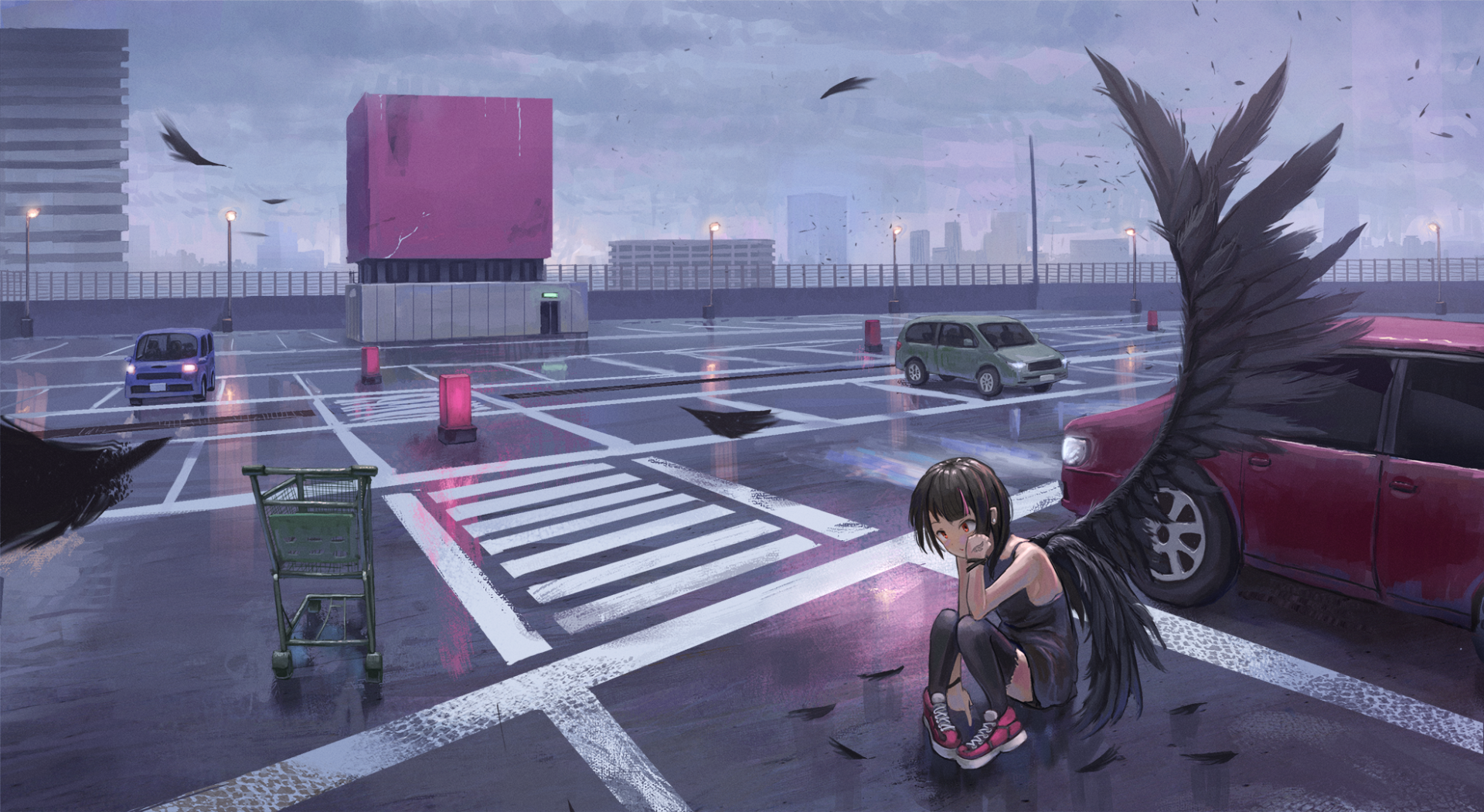 Anime angel with black wings crouches in a rainy rooftop parking lot with puddles, scattered feathers, a red car and shopping cart against a distant city skyline — HD PC desktop wallpaper/background.