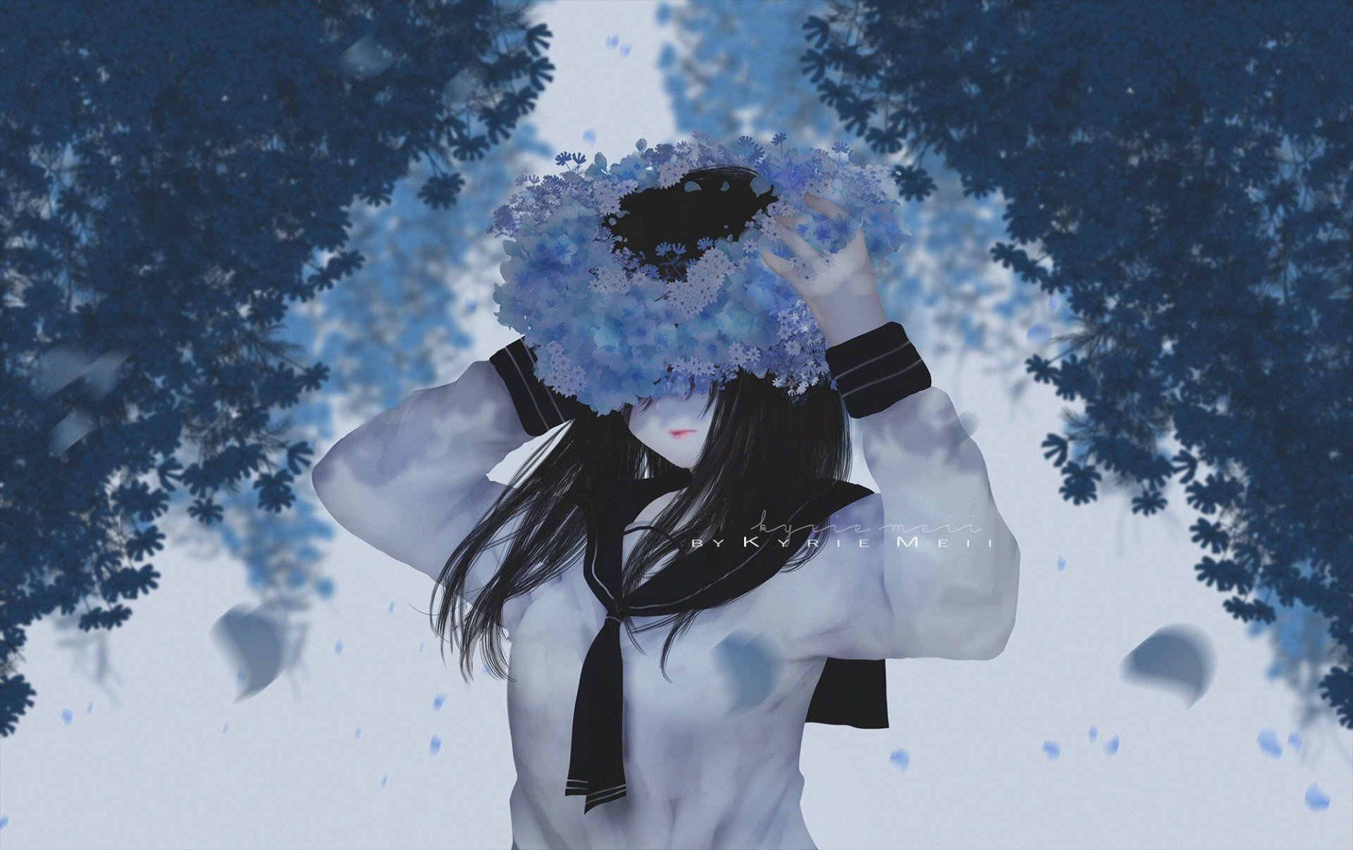 HD anime-style original artwork features a girl in a school uniform holding a bouquet of blue flowers, set against a dark, ethereal forest background for PC desktop wallpaper.