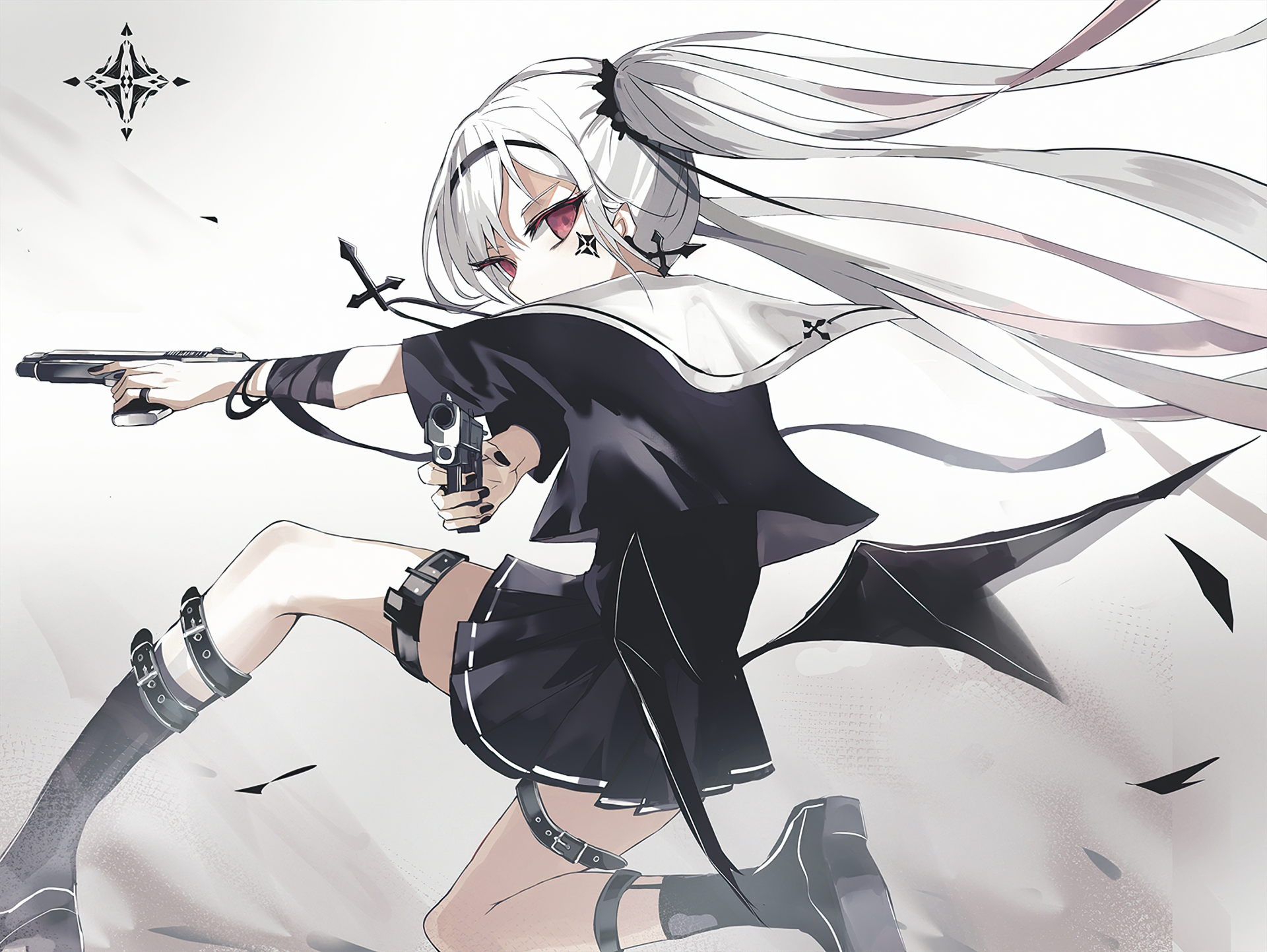 Anime original 2K Quad HD PC desktop wallpaper: white-haired girl in black outfit firing twin pistols, dynamic leap, flowing ribbons and hair against a minimal pale background.
