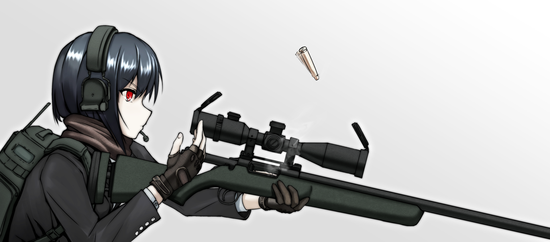 Anime original 2K Quad HD PC wallpaper: side view of a dark‑haired, red‑eyed girl in a headset firing a scoped sniper rifle as a shell casing ejects against a pale background.