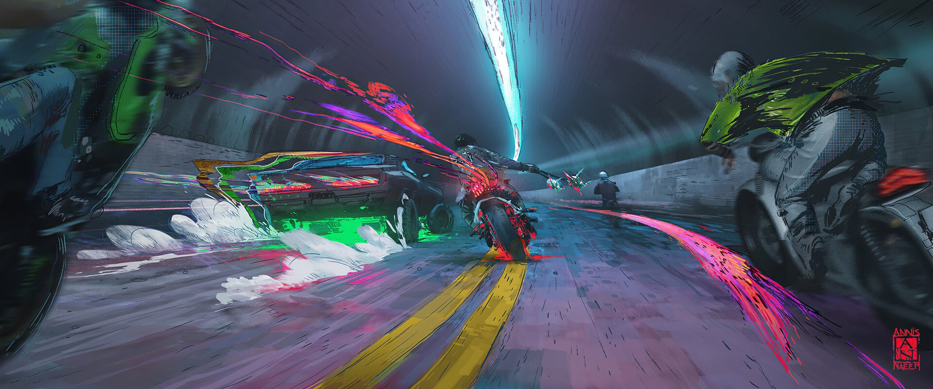 Futuristic sci-fi scene of a car and motorcycle speeding through a glowing tunnel, captured in a dynamic HD PC desktop wallpaper.