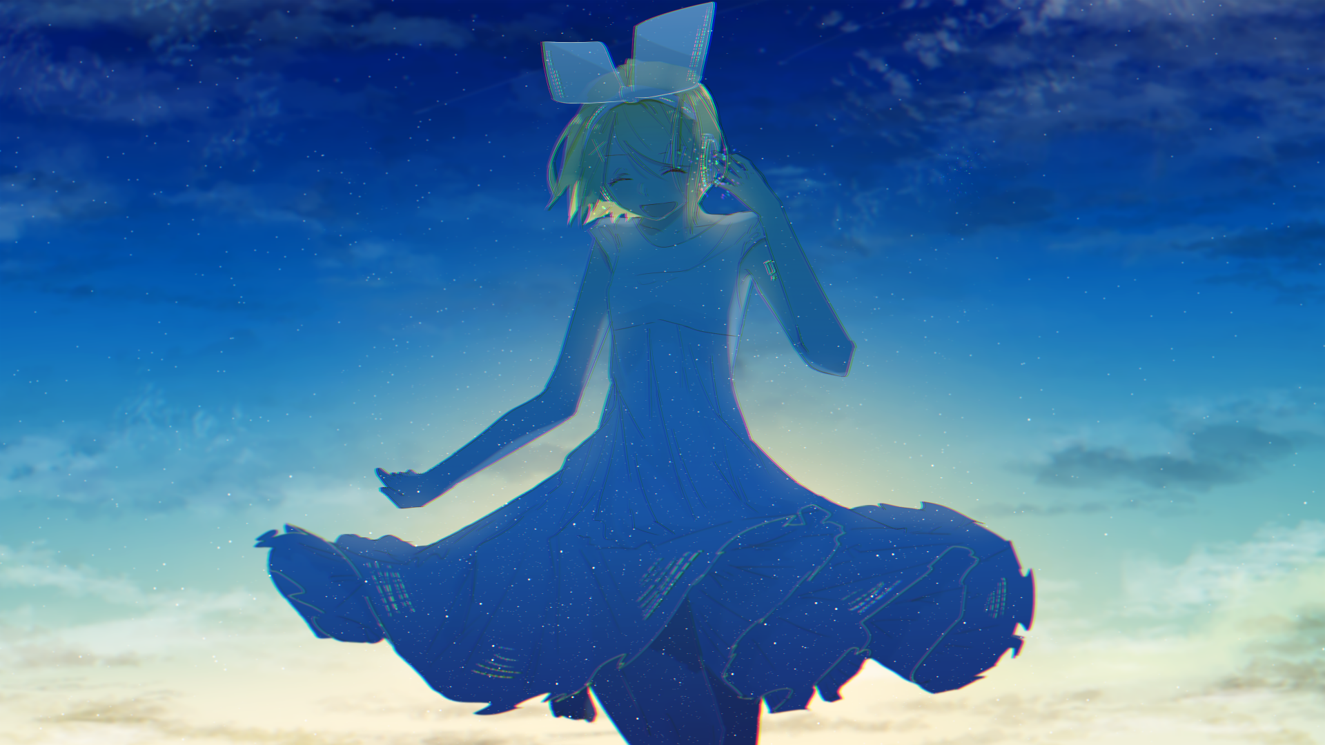 Rin Kagamine from Vocaloid is depicted in a serene, glowing silhouette against a vibrant sky in this 4K Ultra HD anime desktop wallpaper.