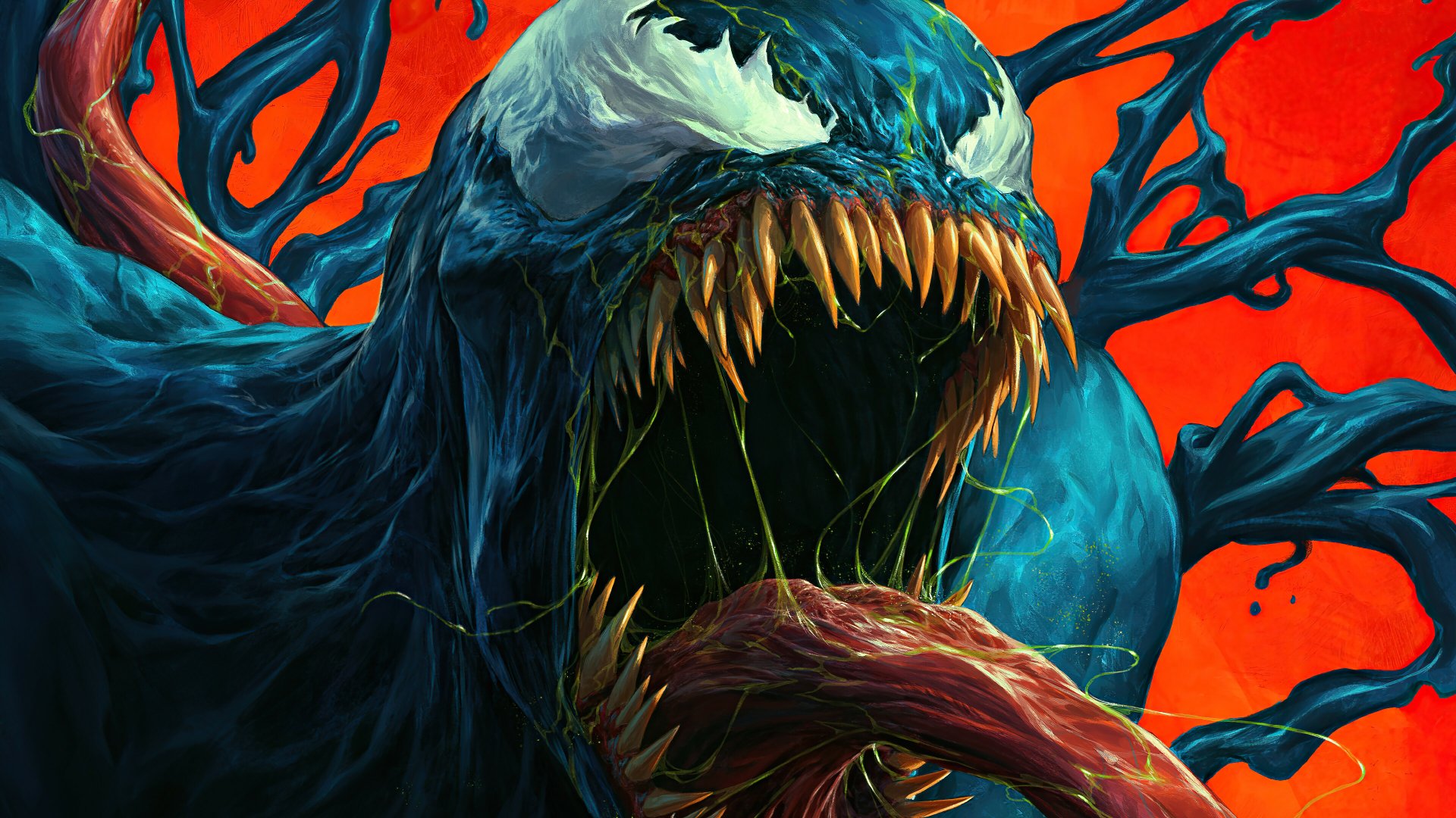 4K Ultra HD PC desktop wallpaper featuring a detailed comic-style close-up of Venom with sharp teeth and an extended tongue against a vibrant red background.