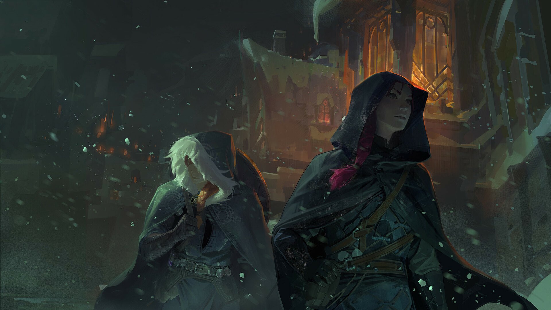 HD fantasy PC desktop wallpaper featuring two cloaked woman warriors standing in a dark, mysterious urban setting with glowing lights and falling snow.