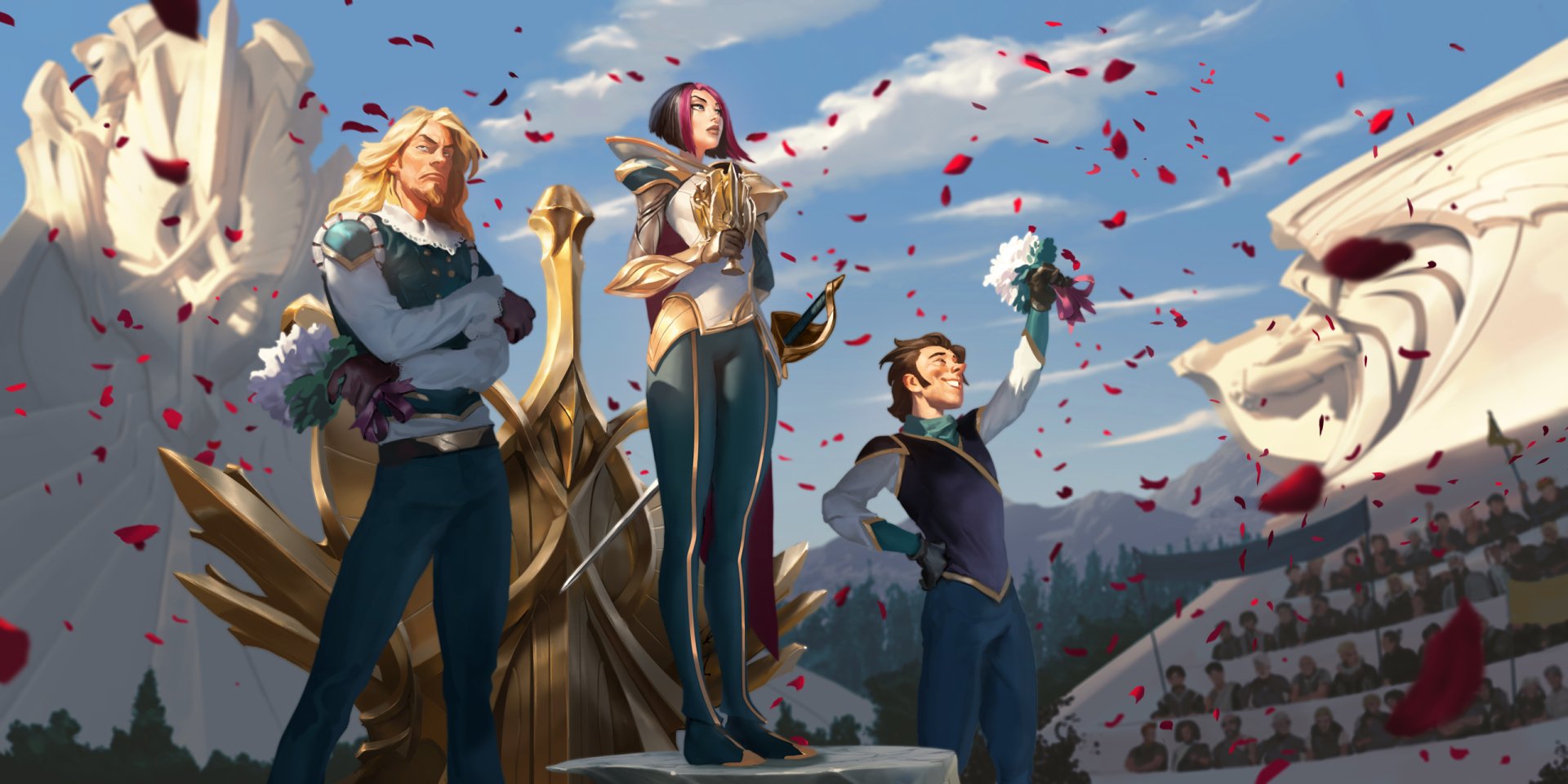 HD PC desktop wallpaper: Fiora from the video game League of Legends stands on a podium with two companions, bouquets and falling rose petals in a stadium—Legends of Runeterra art.