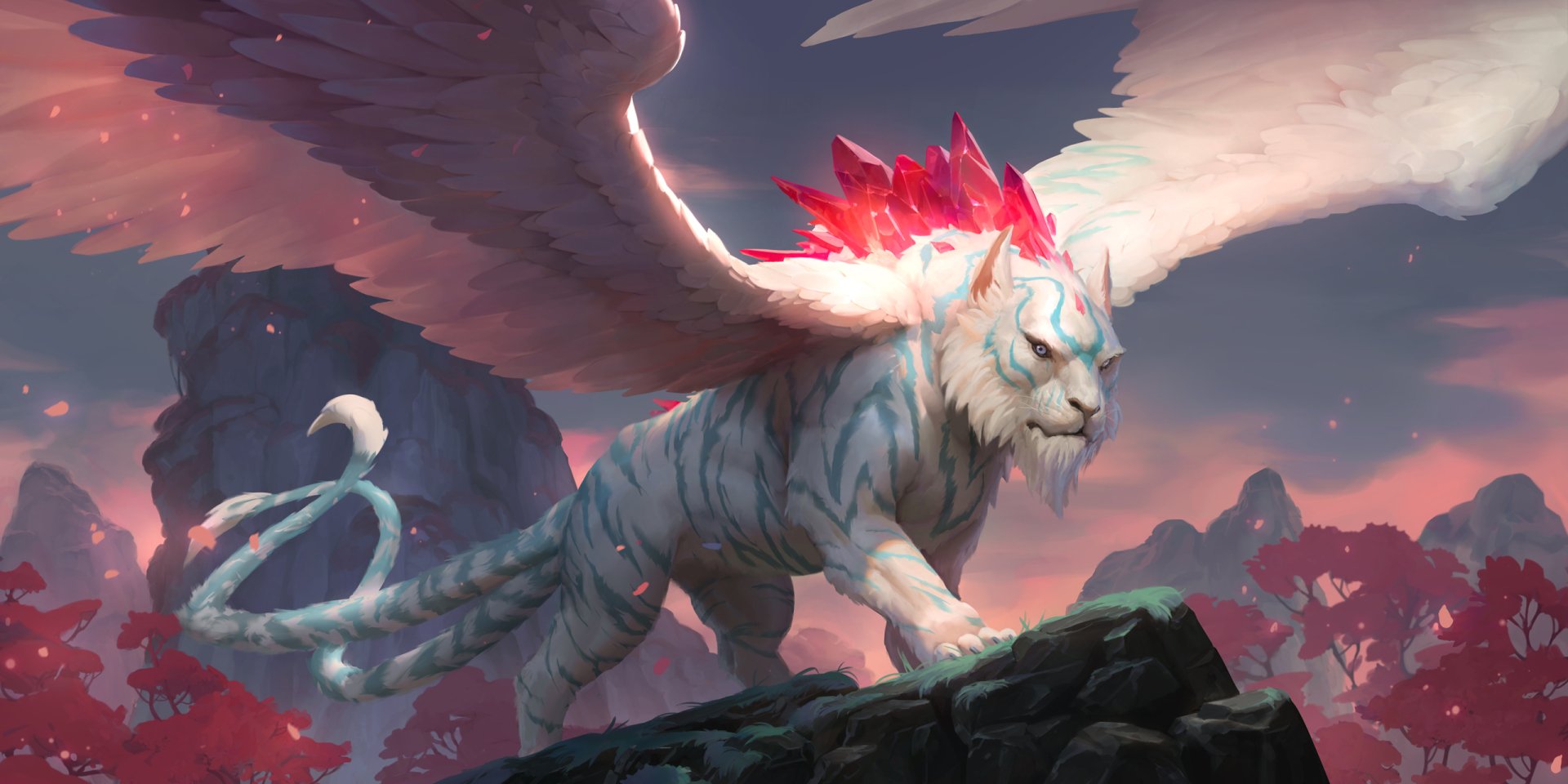 HD desktop wallpaper from Legends of Runeterra, featuring a majestic winged lion with pink crystals on its back, perched atop a rock against a mountainous backdrop.