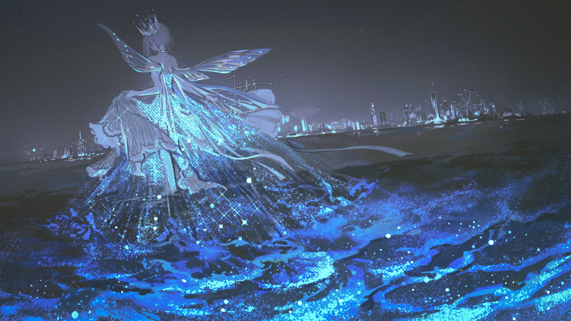 Anime original HD PC desktop wallpaper: ethereal crowned figure in a flowing gown stands above a glowing bioluminescent sea with distant city lights.