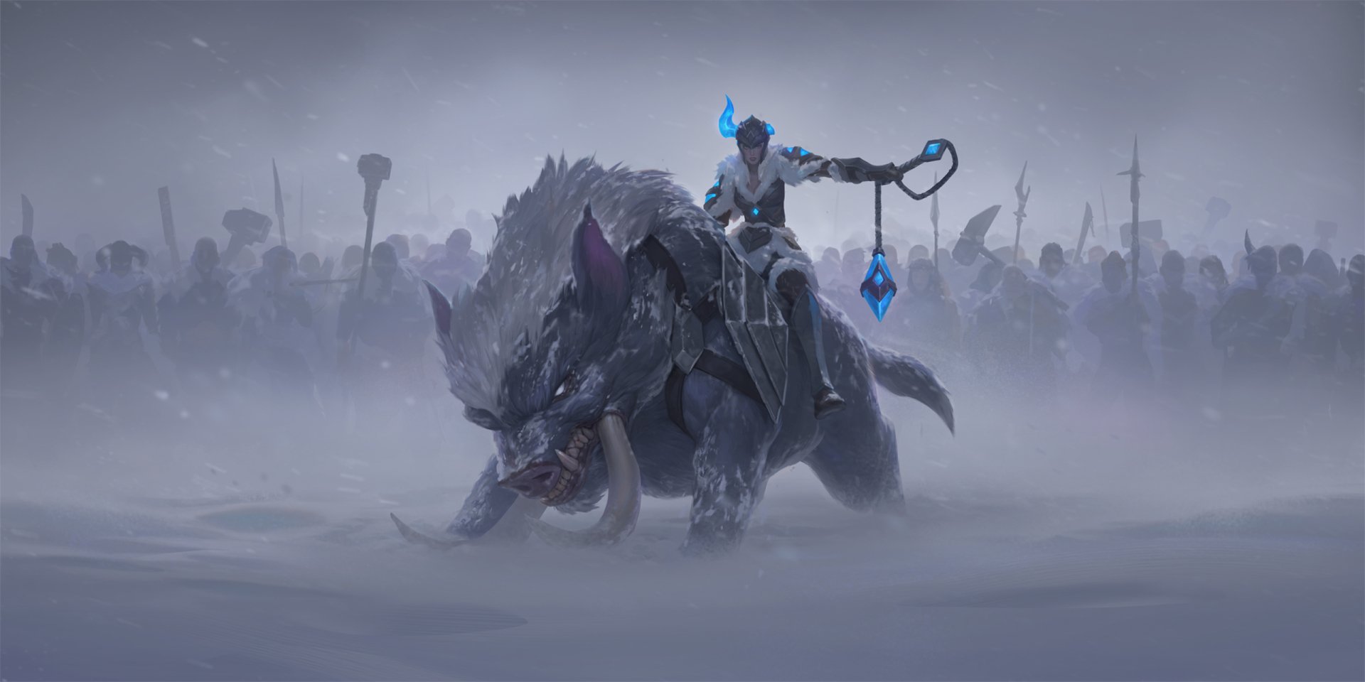 Sejuani (League of Legends, Legends of Runeterra) rides an armored boar through a snowy battlefield — HD PC desktop wallpaper background.
