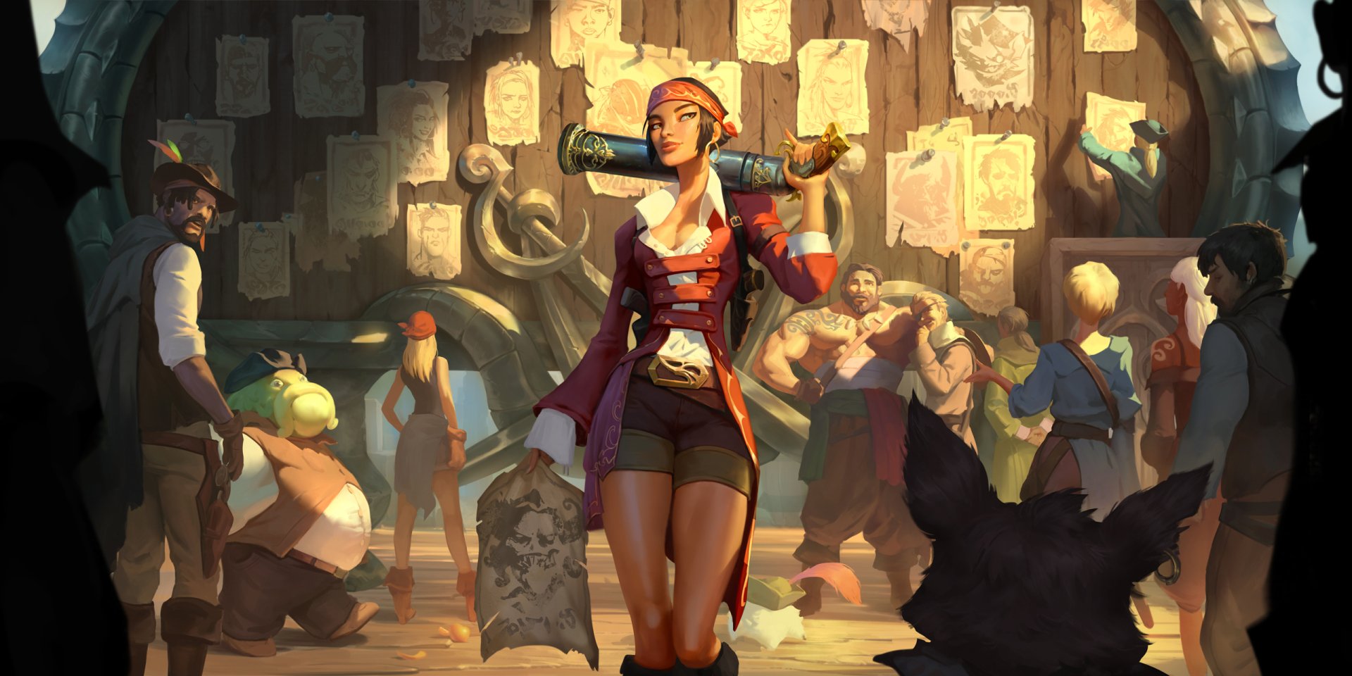 HD PC desktop wallpaper: Bilgewater (League of Legends, Legends of Runeterra) — a bold pirate captain with a map and cannon over her shoulder stands in a bustling port market, crew and wanted posters behind her.