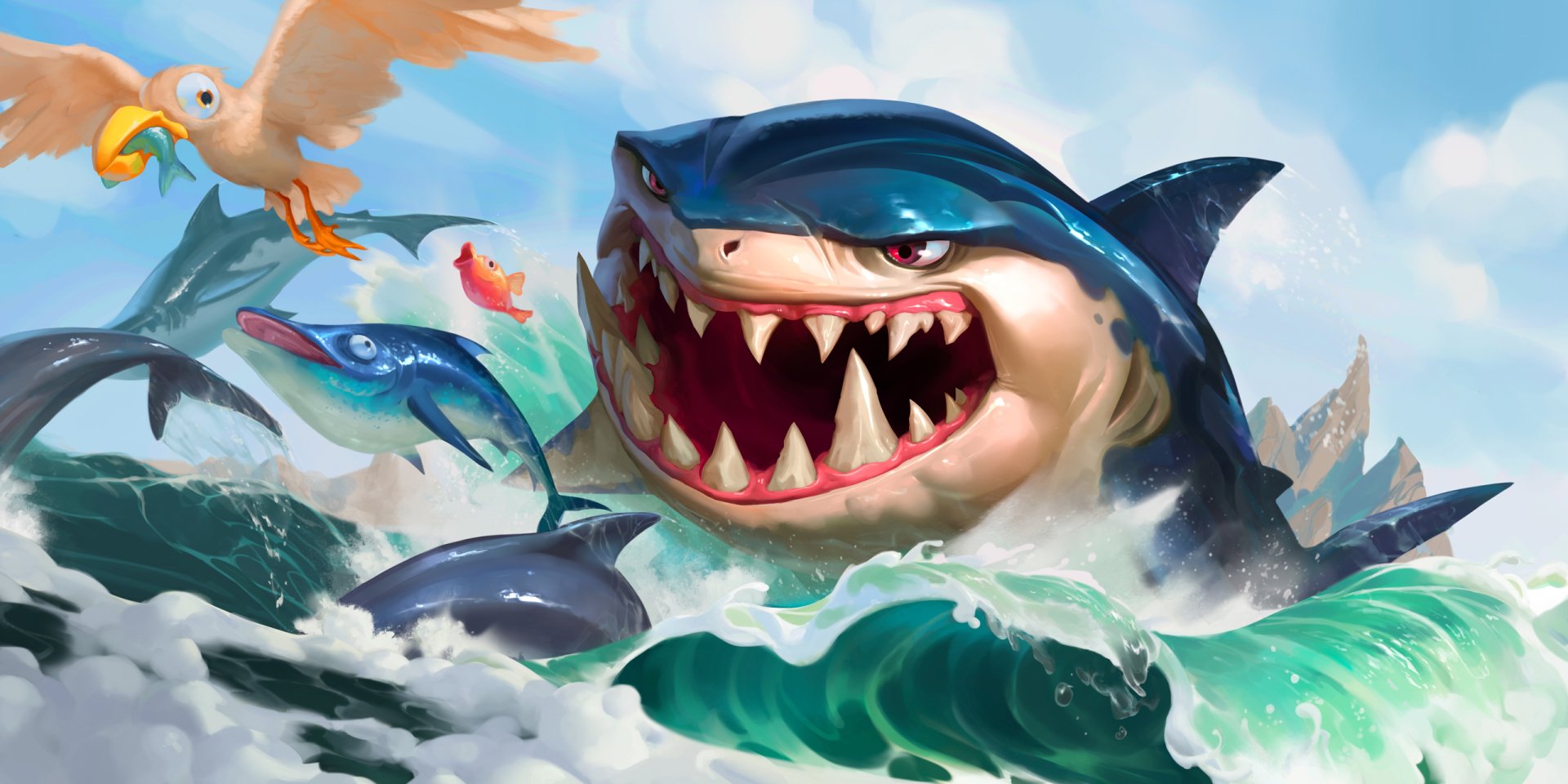HD PC desktop wallpaper featuring a fierce Bilgewater shark character from League of Legends and Legends of Runeterra amidst ocean waves and seagulls.