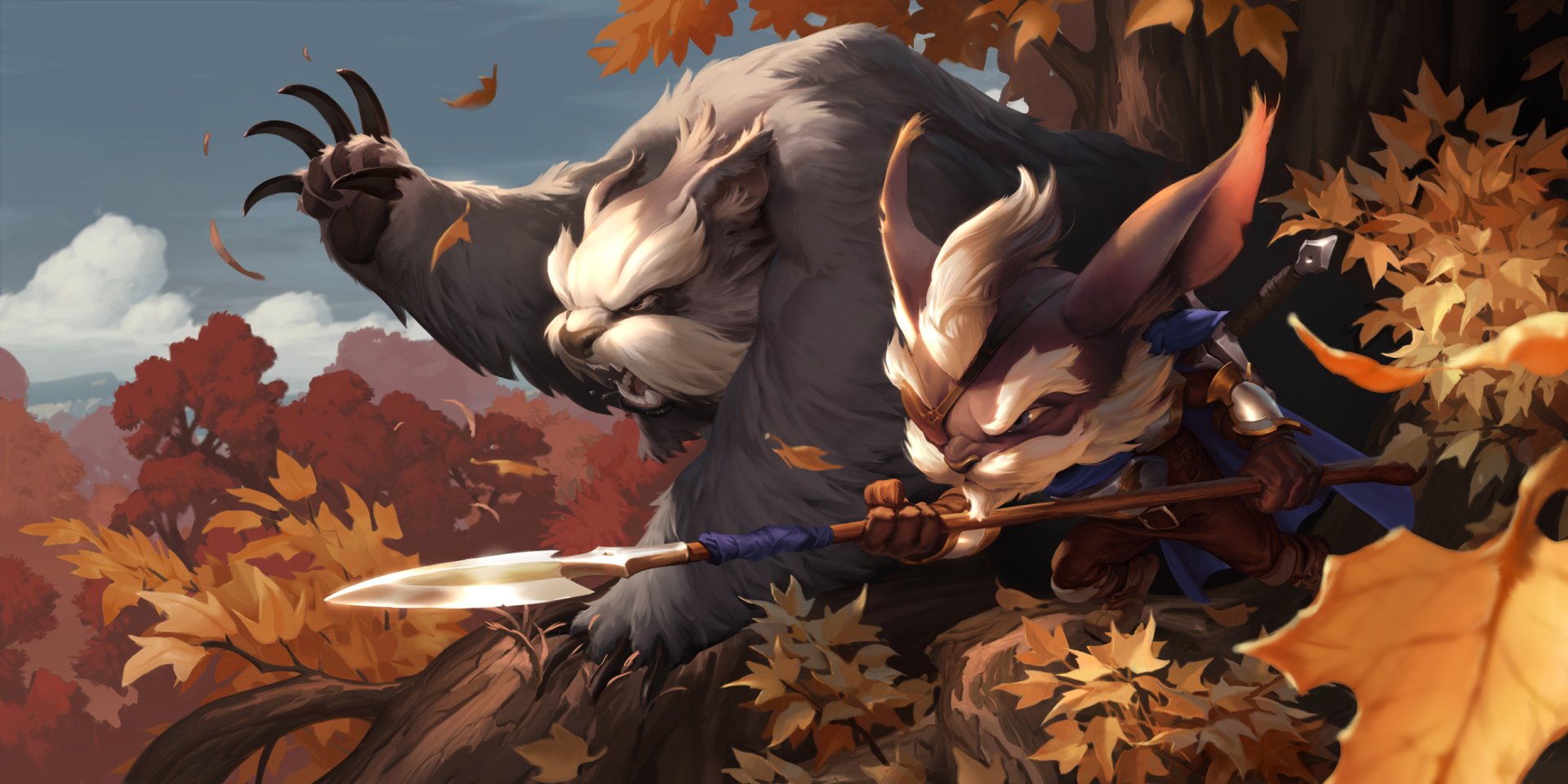 HD desktop wallpaper from the video game Legends of Runeterra featuring two dynamic characters—one wielding a spear and the other with clawed hands—amid autumn foliage.
