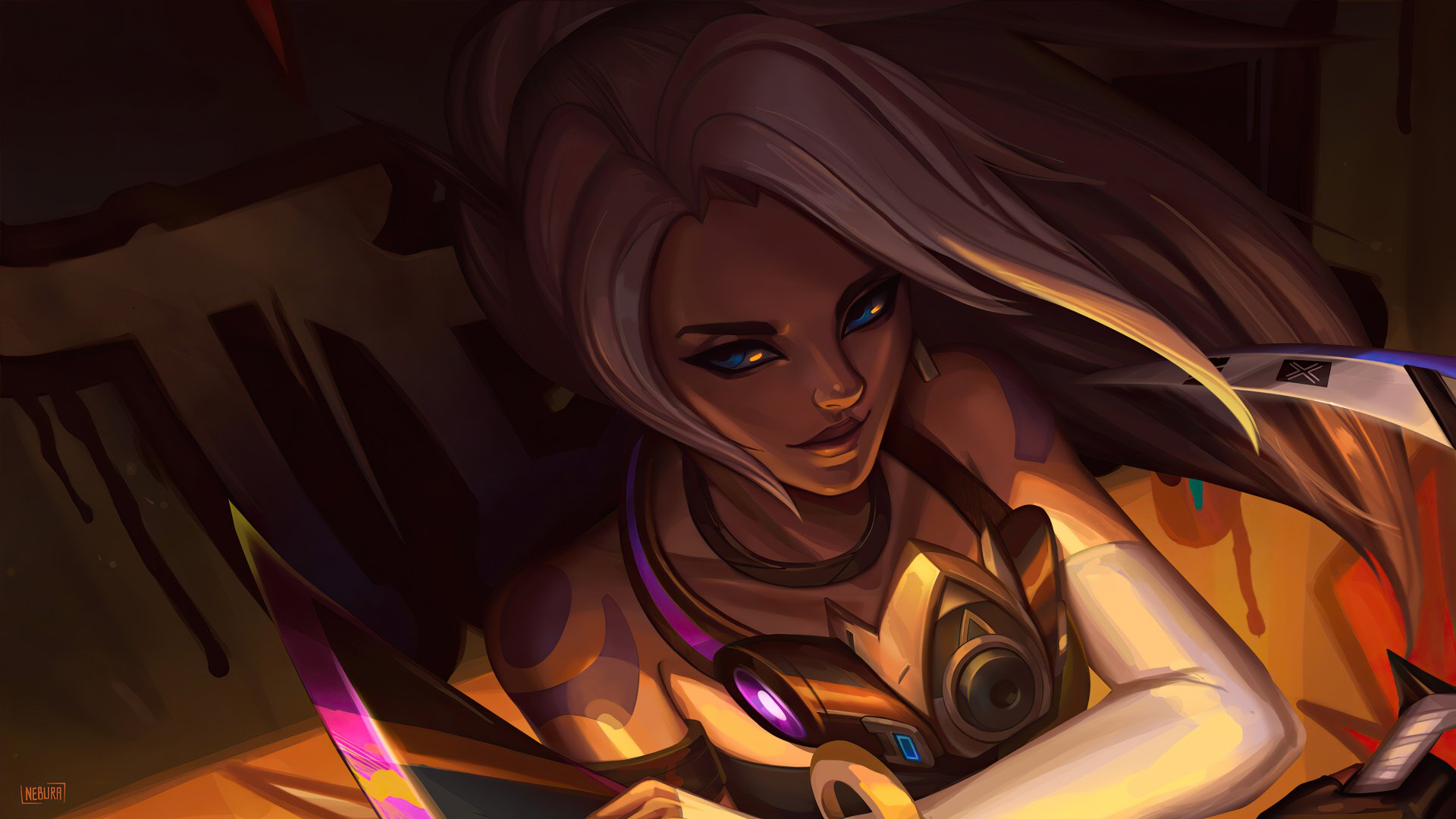 Akali (League of Legends) video game assassin in a dark neon-lit portrait, blades drawn, glowing eyes and purple accents — high-detail 4K Ultra HD PC desktop wallpaper/background.