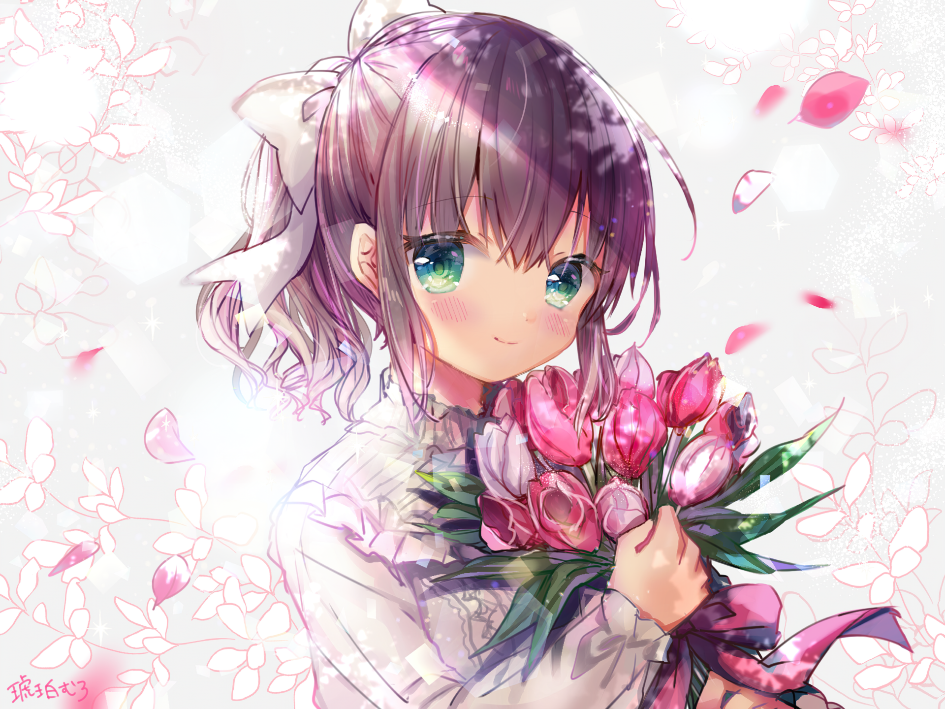 HD anime-style original desktop wallpaper featuring a girl with teal eyes holding a bouquet of pink tulips, surrounded by soft cherry blossom petals.