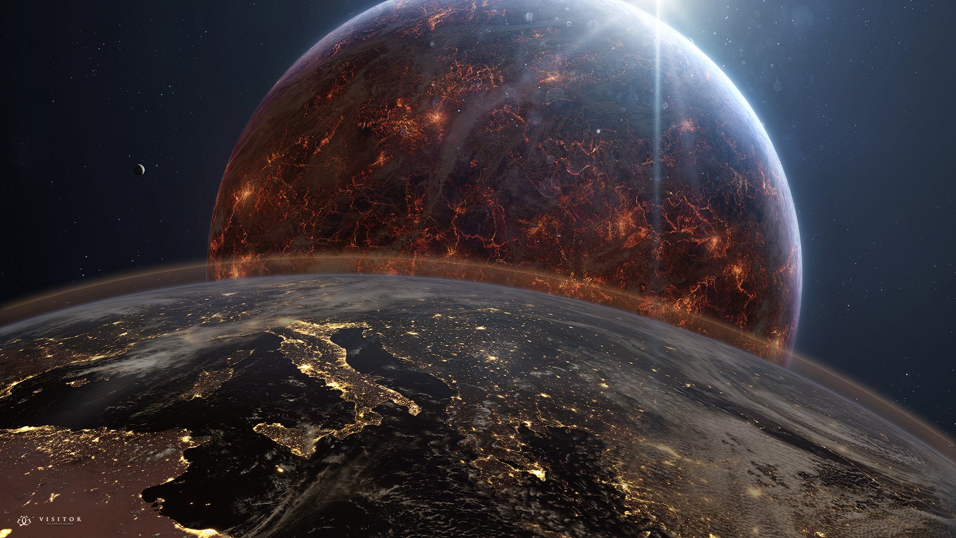 A stunning sci-fi planetscape showcases a fiery celestial body hovering over a beautifully lit Earth at night, creating a captivating HD PC desktop wallpaper background.