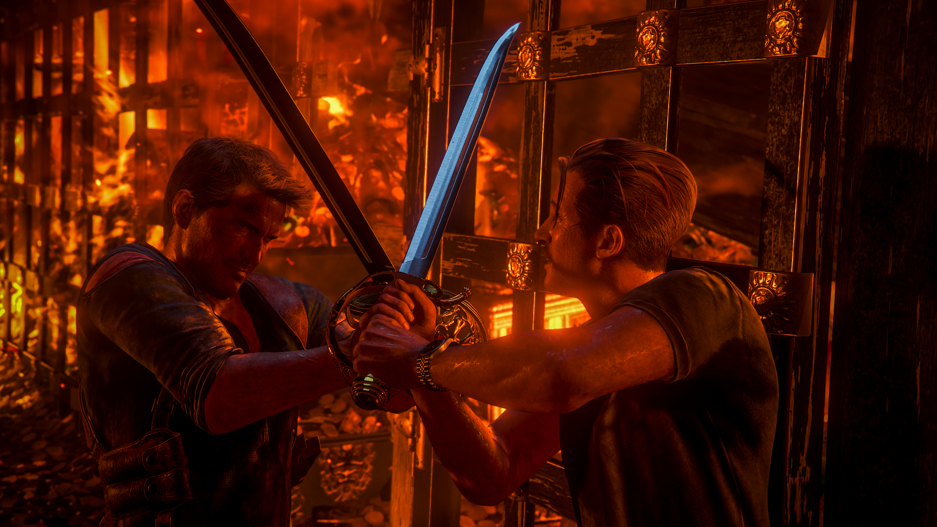 4K Ultra HD PC wallpaper from the video game Uncharted 4: A Thief's End, depicting an intense sword fight between two characters in a fiery, dramatic setting.