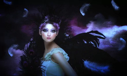 A mysterious elf with striking makeup and elaborate feathered wings poses against a dark, fantasy-inspired backdrop of swirling purples and soft feathers, creating a captivating night scene.