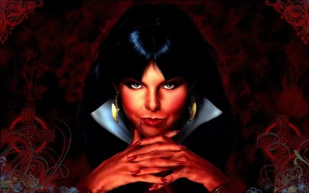 Dark and captivating digital artwork featuring Vampirella, with her striking features and intense gaze against a rich, moody backdrop, serving as an intriguing HD desktop wallpaper.