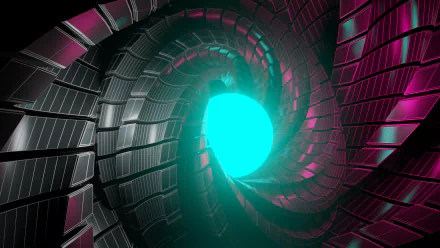 HD 3D abstract spiral with a vibrant blue central light and pink and silver elements, designed as a desktop wallpaper and background.