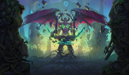 Video game Hearthstone: Heroes of Warcraft 2K Quad HD PC desktop wallpaper showing a winged demonic warrior levitating with glowing green runes amid shattered pillars and floating debris.