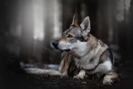 HD desktop wallpaper of a wolfdog lying on the ground, blending natural wolf features with a domestic dog's appearance in a dimly lit forest setting.
