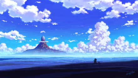 HD anime landscape wallpaper showcasing a serene sky filled with clouds, an ocean, and a distant mountain with a unique egg-shaped object on top.