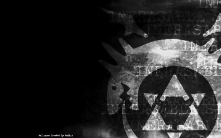 Black and white HD wallpaper featuring elements from Fullmetal Alchemist, showcasing the series' signature symbols with a textured background.