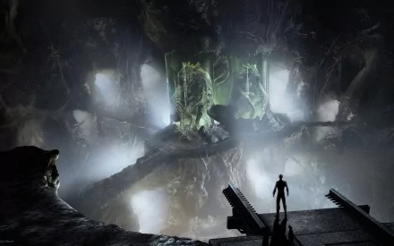 A haunting HD desktop wallpaper featuring a dark, demon-like scene with eerie green elements and a solitary figure standing before ominous, illuminated structures.