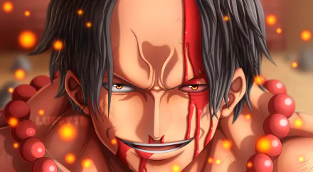 HD anime desktop wallpaper featuring Portgas D. Ace from One Piece with intense expression, blood on his face, and glowing embers in the background.